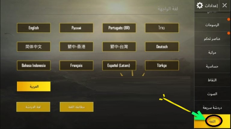 تغير اللغة داخل لعبة ببجى 1