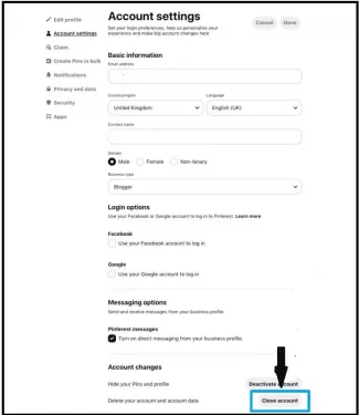 كيفية حذف حساب PINTEREST 2