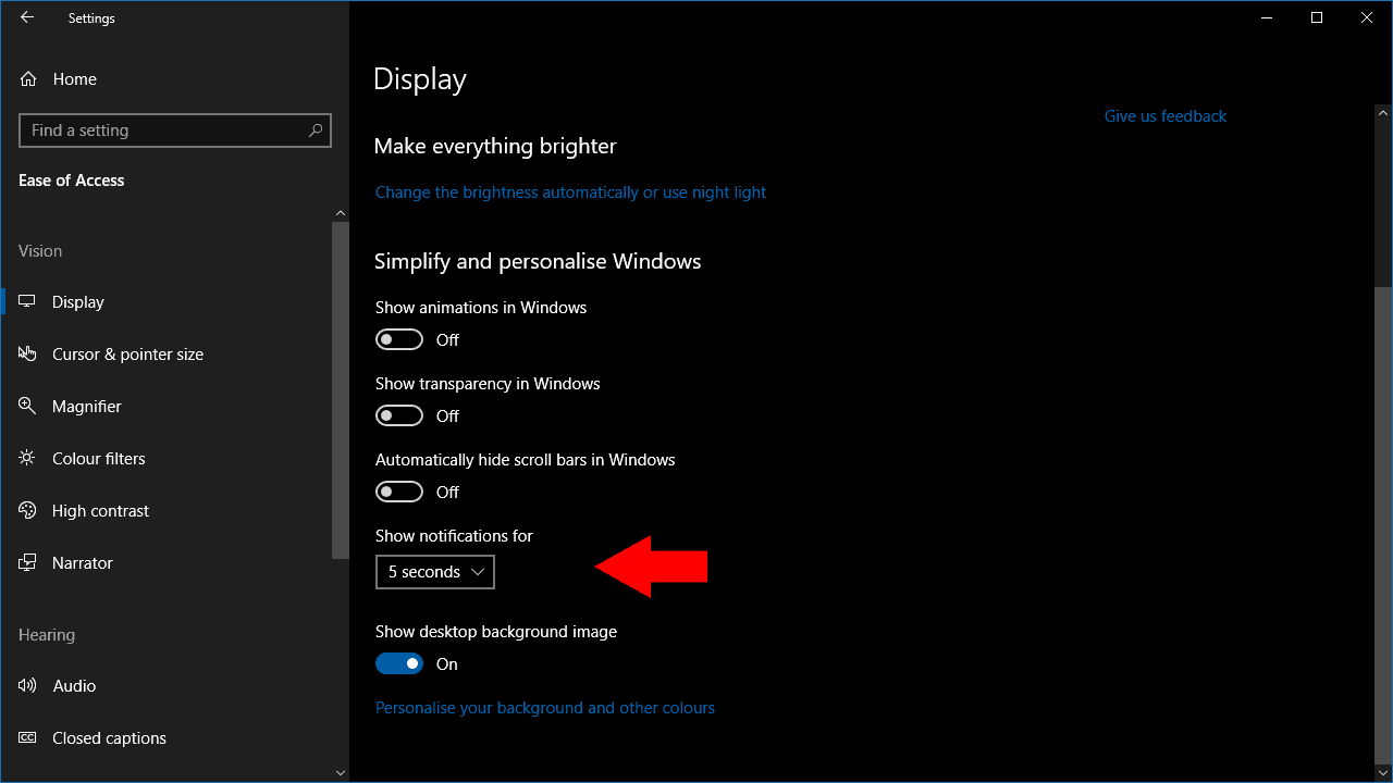 لقطة شاشة لتغيير مهلة إشعار Windows 10