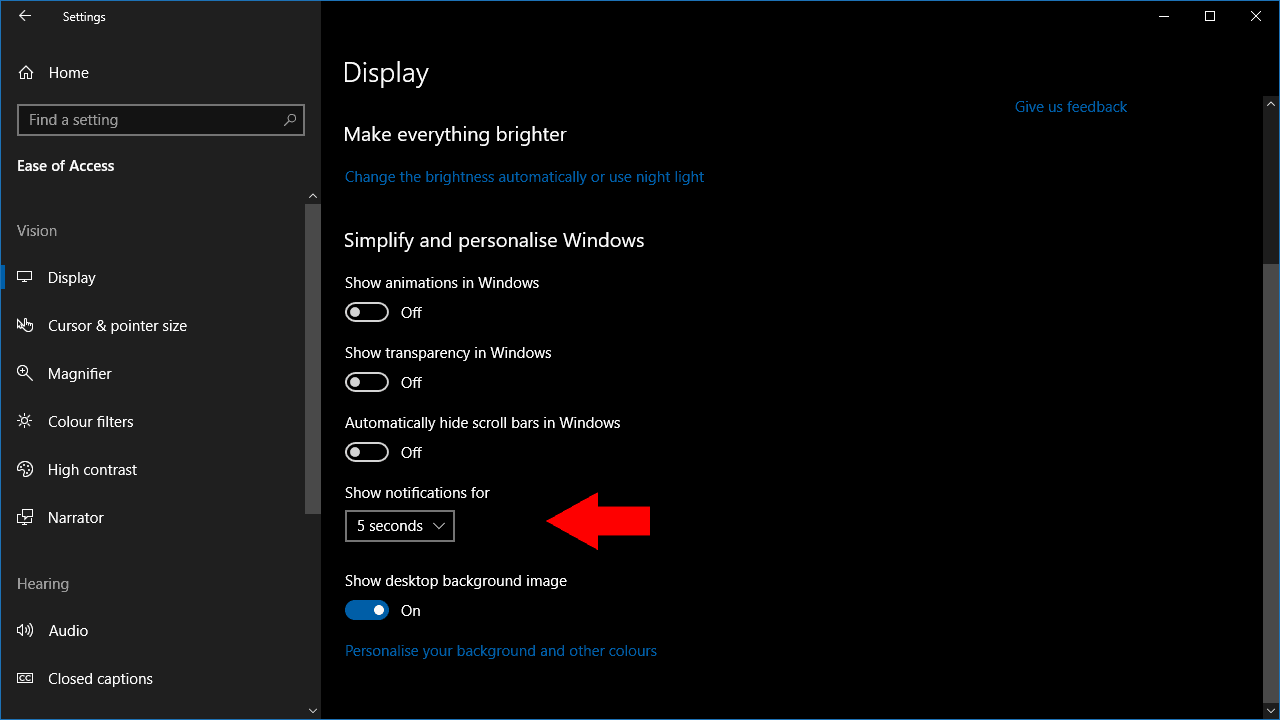 Captura de pantalla de cambio de tiempo de espera de notificación de Windows 10