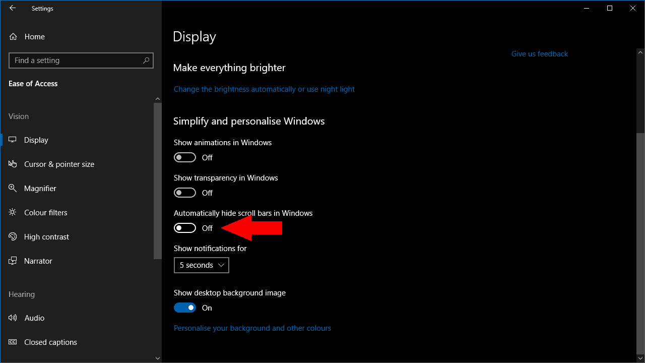 Windows 10에서 스크롤바 숨기기 비활성화 스크린샷