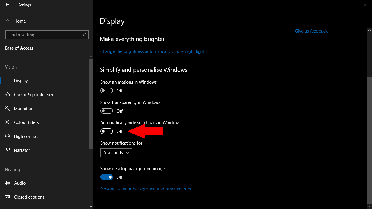 Snímka obrazovky vypnutia skrytia posúvača v systéme Windows 10