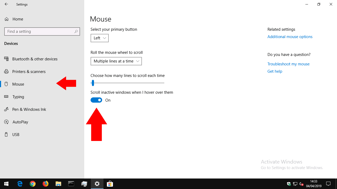 نافذة غير نشطة التمرير في windows 10