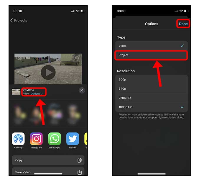 إرسال imovie كملف المشروع