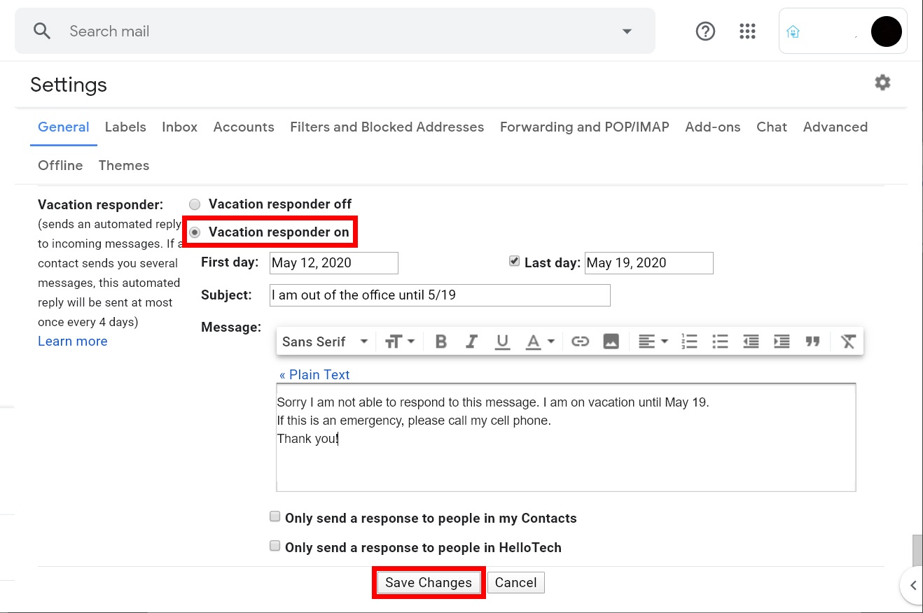 كيفية إعداد رد تلقائي في Gmail 3 كيفية إعداد رد تلقائي في Gmail 3