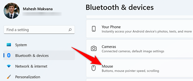 انقر فوق "الماوس" في صفحة "Bluetooth والأجهزة".