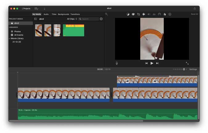 مشروع imovie على نظام Mac مع جدول زمني مكدس