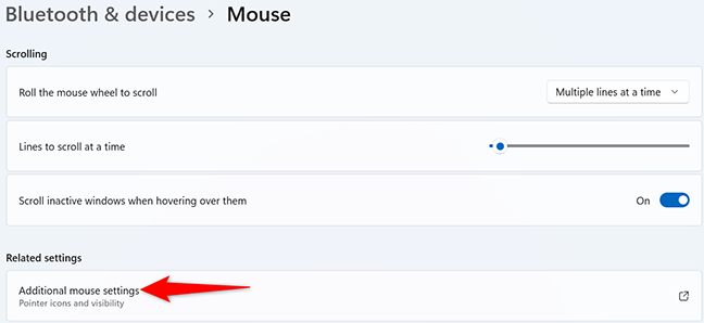 حدد "إعدادات الماوس الإضافية" في صفحة "الماوس".