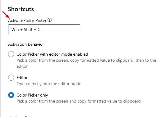 تركيبة المفاتيح لفتح Color Picker