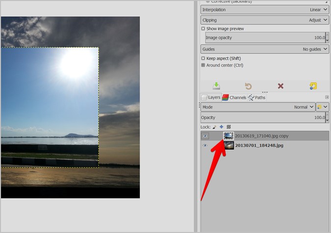 GIMP Odabir sloja slike za promjenu veličine