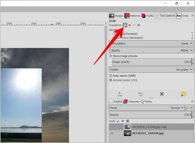 GIMP छवि परत रूपांतरण का आकार बदलें