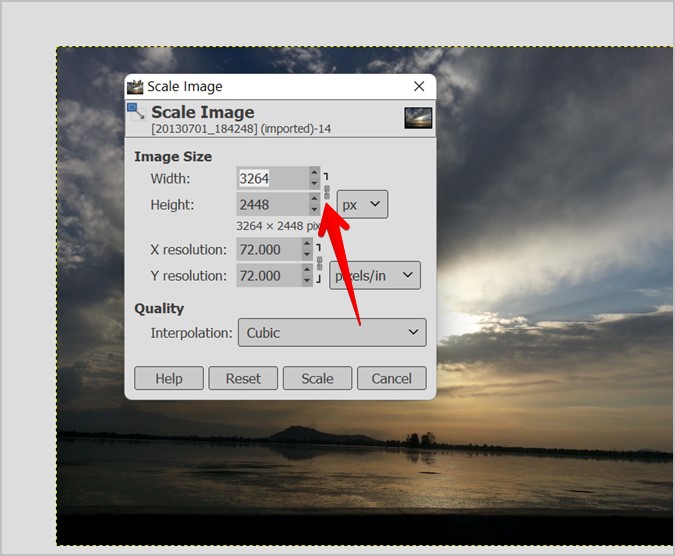 GIMP Промена на големината на сликата заклучување сооднос