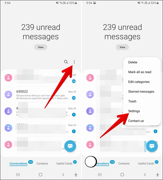 إعدادات تطبيق رسائل سامسونج