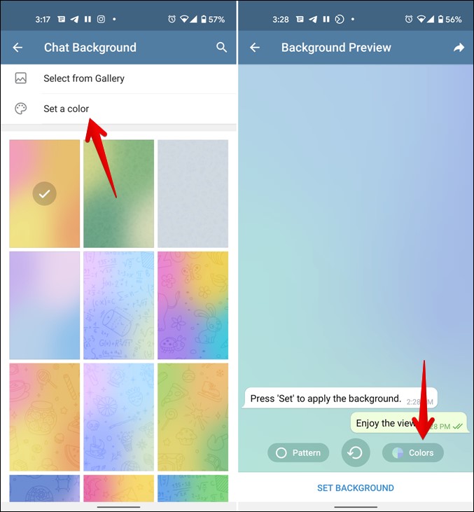 Telegram إضافة ألوان الخلفية