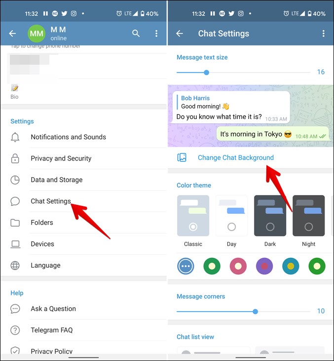 Telegram تغيير خلفية الدردشة Android