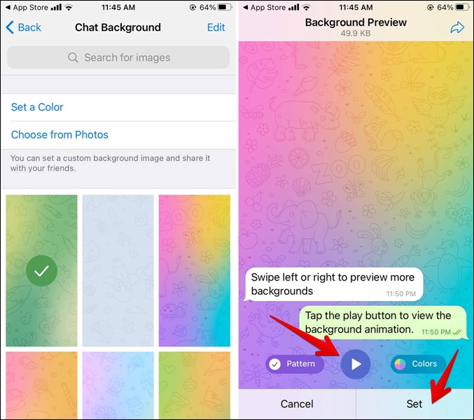 Stabilisci u wallpaper di chat di Telegram per iPhone