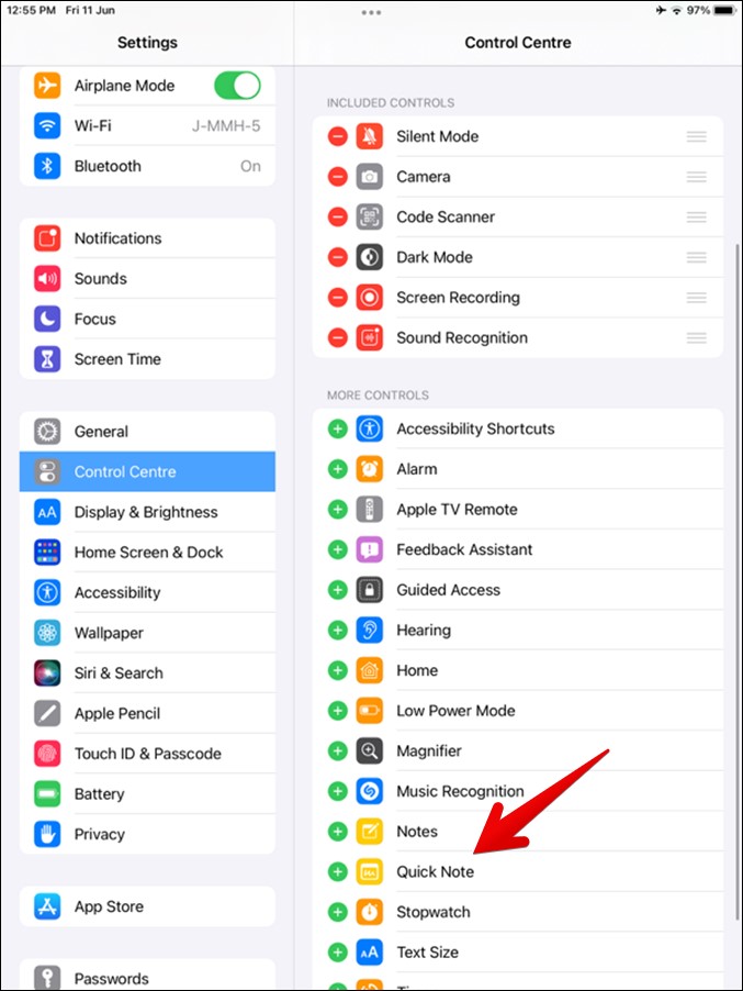 ఐప్యాడ్ క్విక్ నోట్ కంట్రోల్ సెంటర్