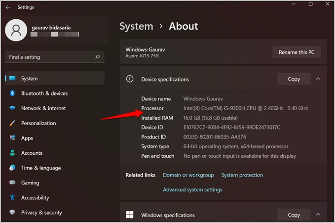 windows 11 حول الصفحة في الإعدادات