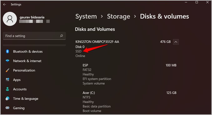 Angalia aina ya diski ya uhifadhi katika mipangilio ya windows 11