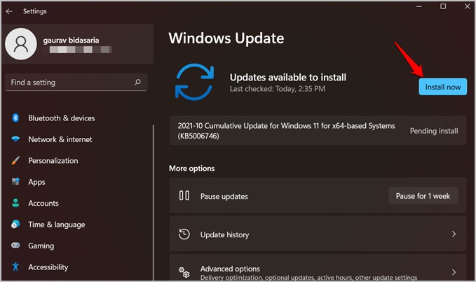 Cài đặt Windows Update trên Windows 11