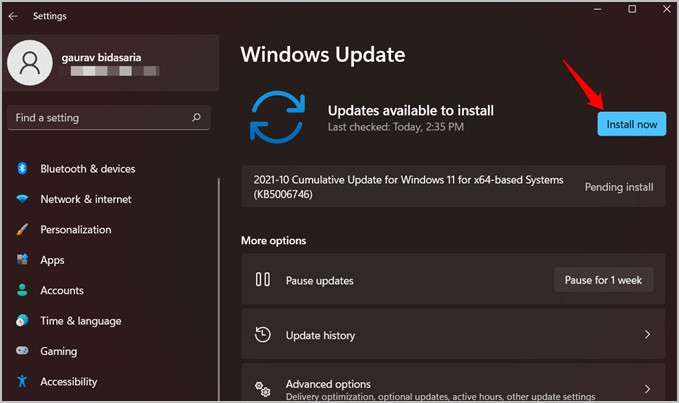 Installa Windows Update su Windows 11