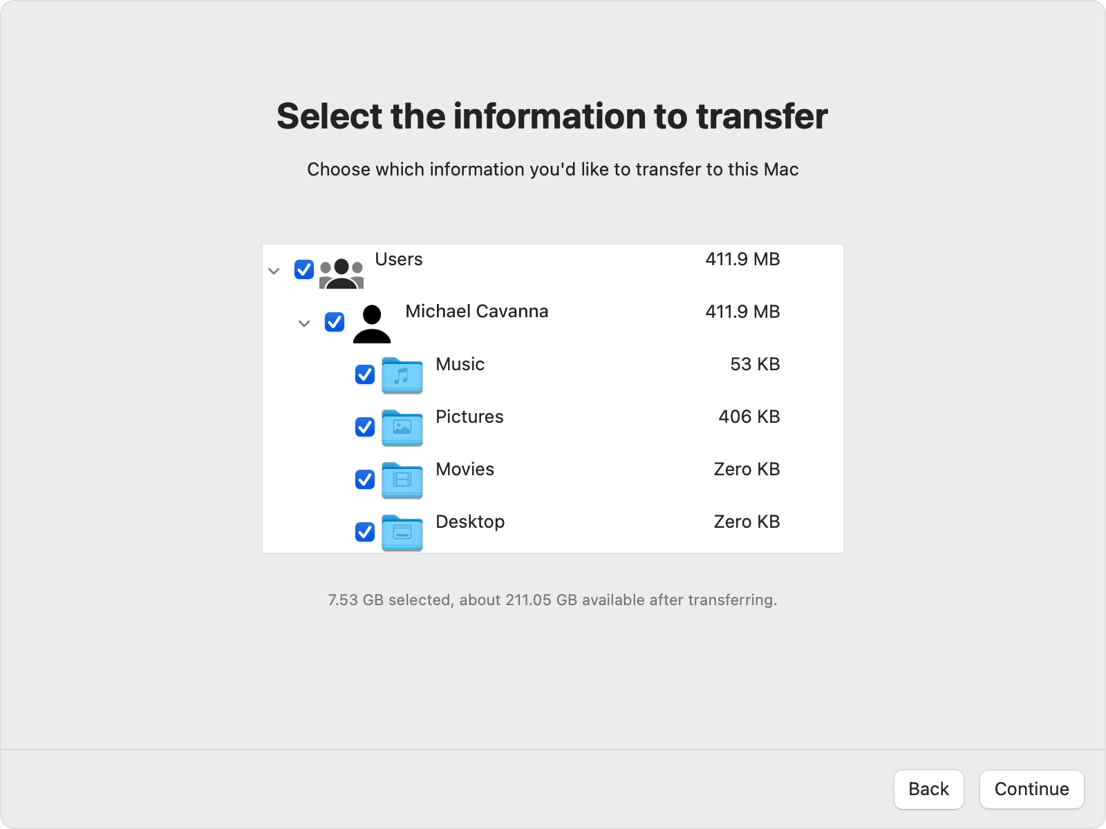 حدد البيانات التي تريد نقلها إلى جهاز Mac الخاص بك