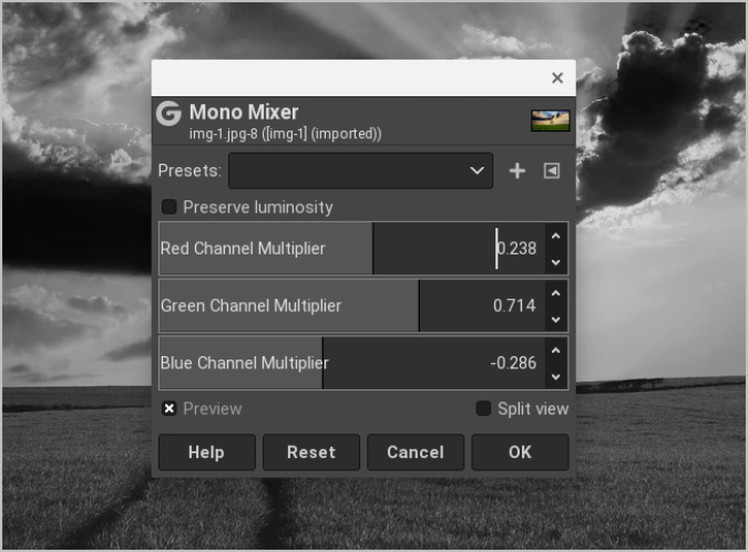 ضبط قنوات RGB على Mono Mixer على GIMP