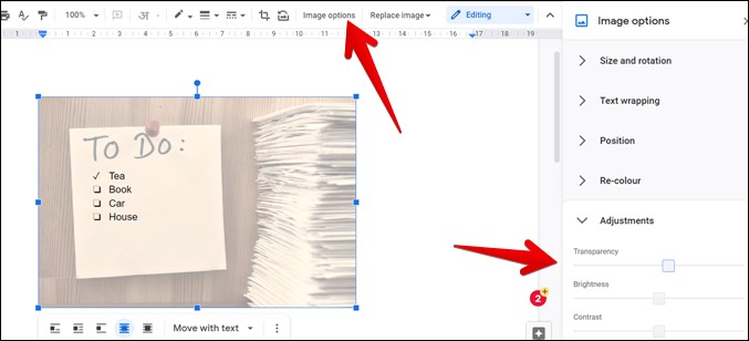 Google Docs, kuvien läpinäkyvyyden muokkaus