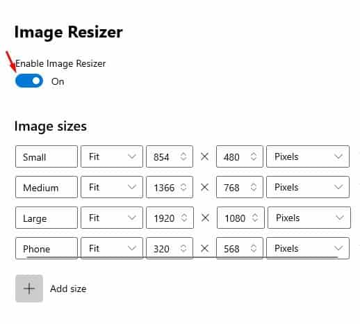 قم بتمكين خيار "Enable Image Resizer"