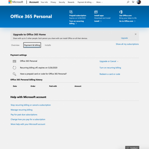 നിങ്ങളുടെ Office 365 സബ്‌സ്‌ക്രിപ്‌ഷൻ എങ്ങനെ നിയന്ത്രിക്കാം, റദ്ദാക്കാം അല്ലെങ്കിൽ പരിഷ്‌ക്കരിക്കാം - onmsft. സഖാവ് - ഒക്ടോബർ 21, 2019