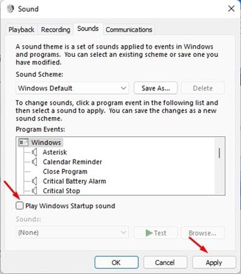 قم بإلغاء تحديد خيار "تشغيل صوت بدء تشغيل Windows"