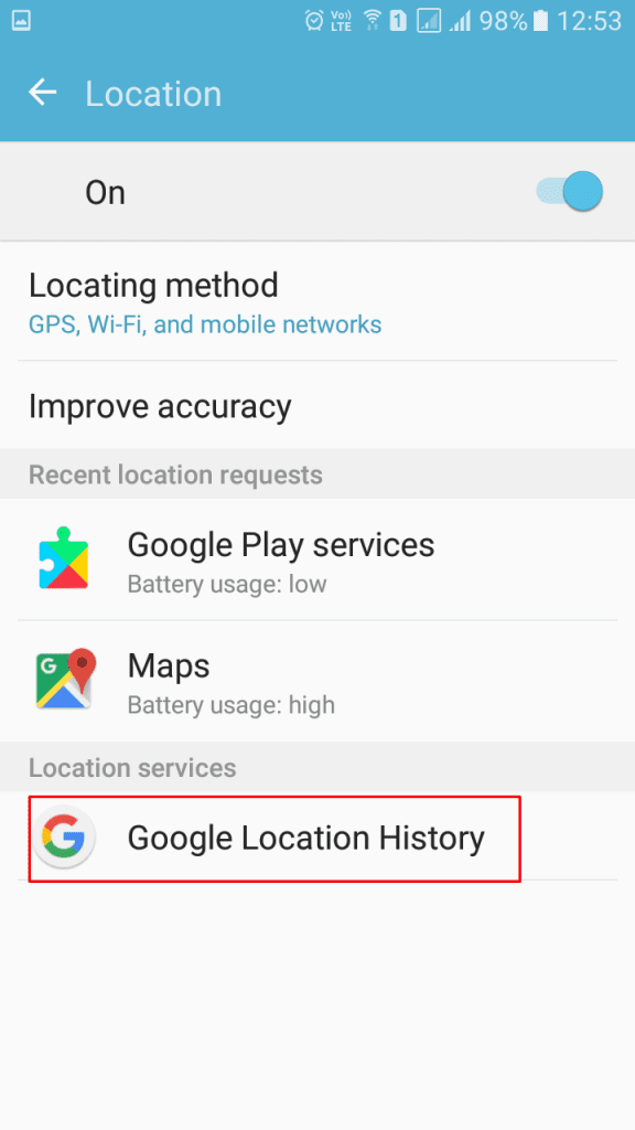 Google Nastavitve lokacije > Google Zgodovina lokacij