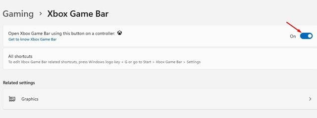 قم بتمكين زر التبديل لـ "فتح Xbox Game Bar باستخدام هذا الزر"