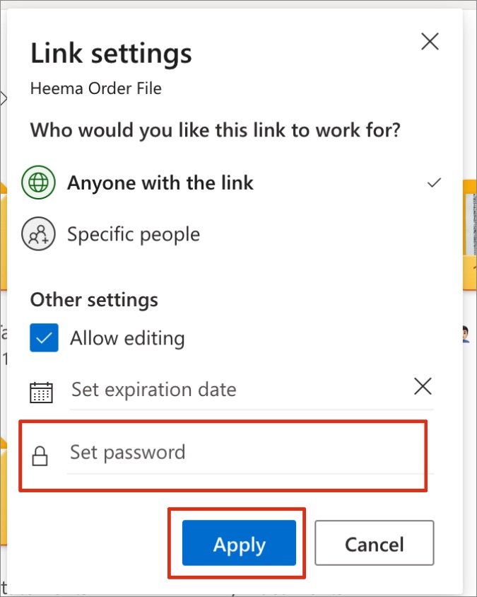 Itakda ang password sa onedrive link