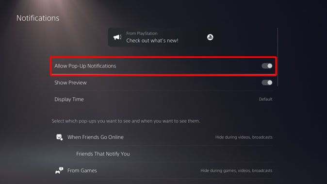 تعطيل الإشعارات المنبثقة على PS5