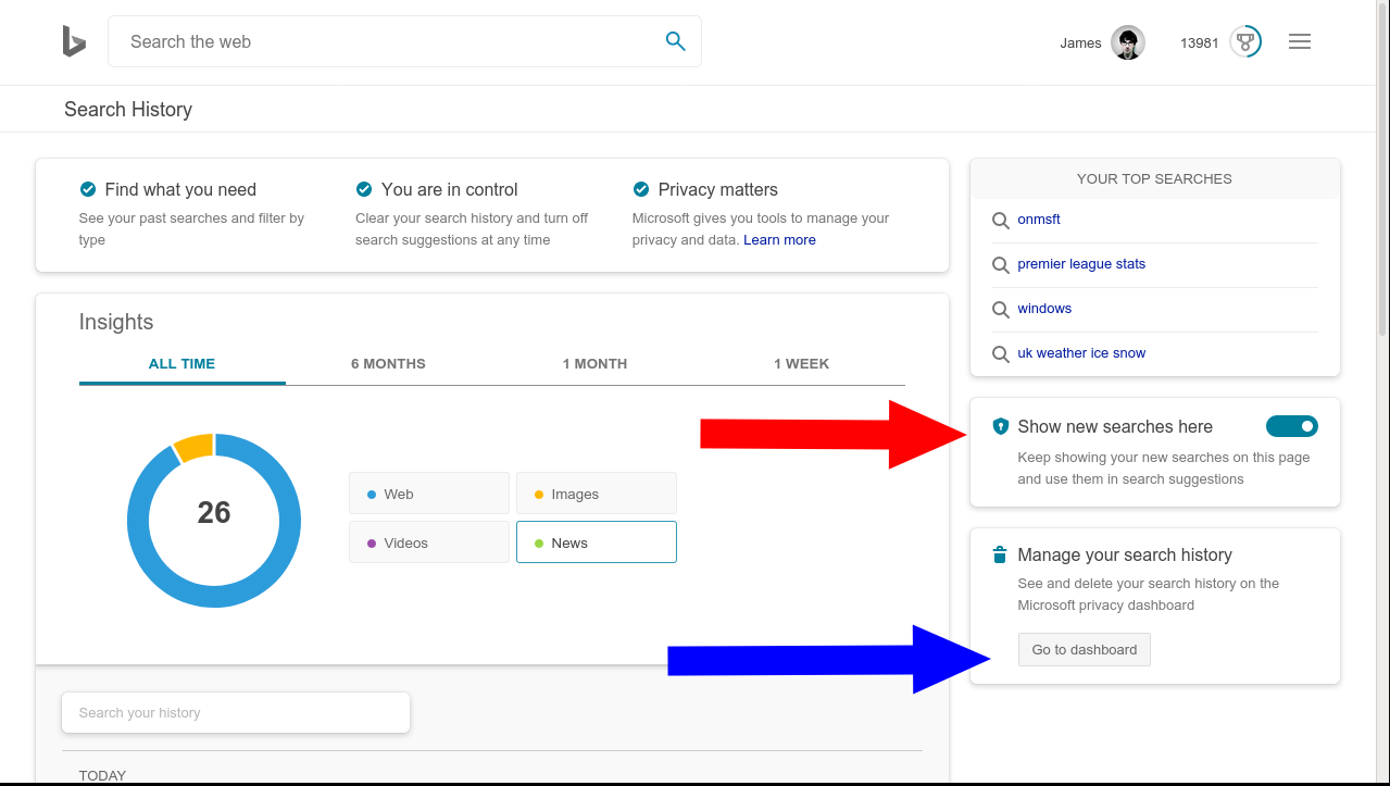 Consulta o teu historial de busca en Bing