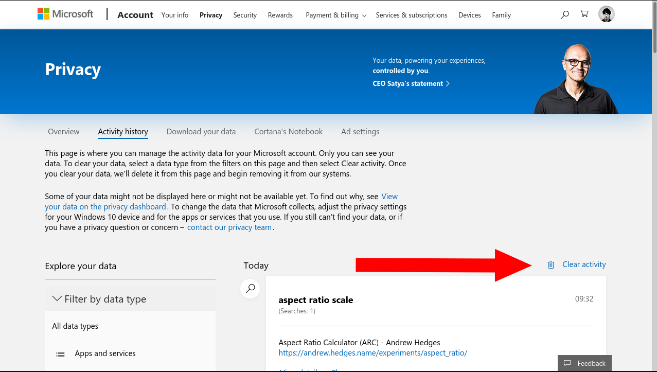 مسح محفوظات البحث من حساب Microsoft