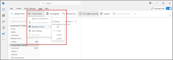 كيفية تغيير طريقة عرض Outlook على سطح المكتب والويب 7 تغيير خطوط رسالة التوقعات