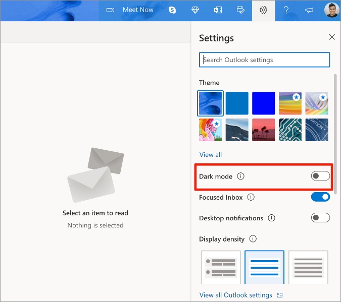 आउटलुकसाठी गडद मोड सक्षम करा