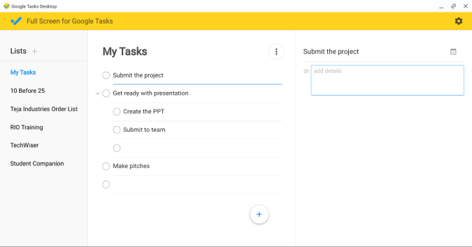 App di schermu pienu per Google Tasks