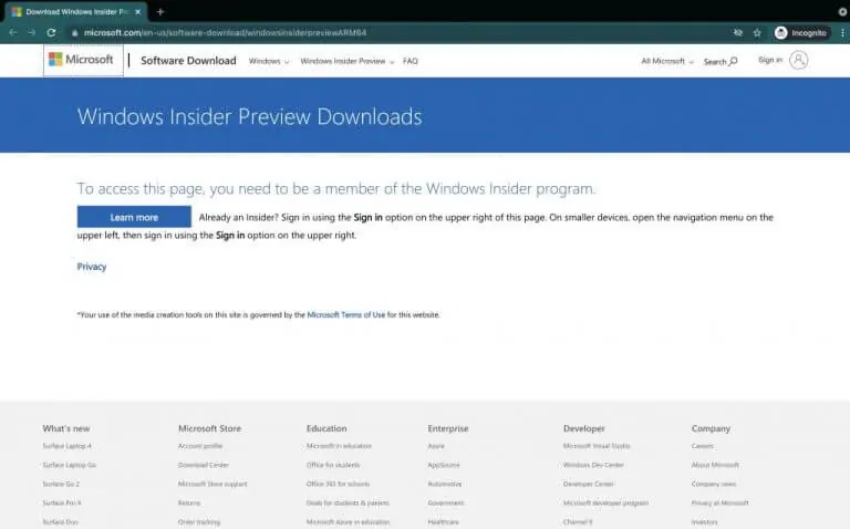 صفحة معاينة Windows Insider