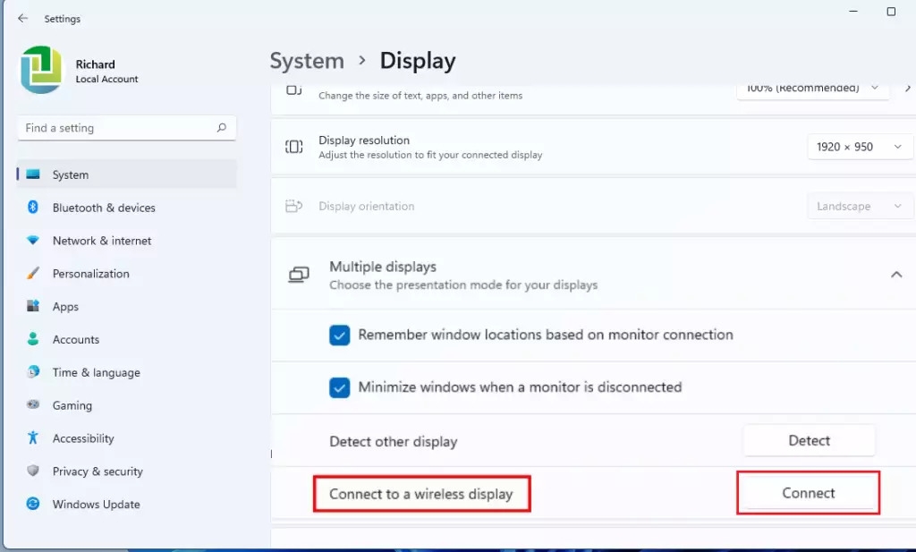 نظام التشغيل windows 11 متصل بزر توصيل شاشة العرض اللاسلكية