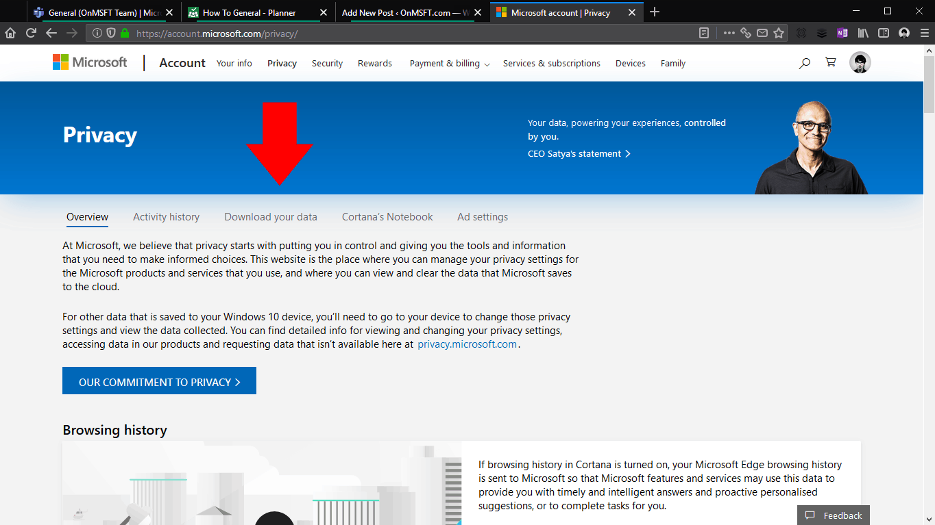 لقطة شاشة لتنزيل بيانات Microsoft