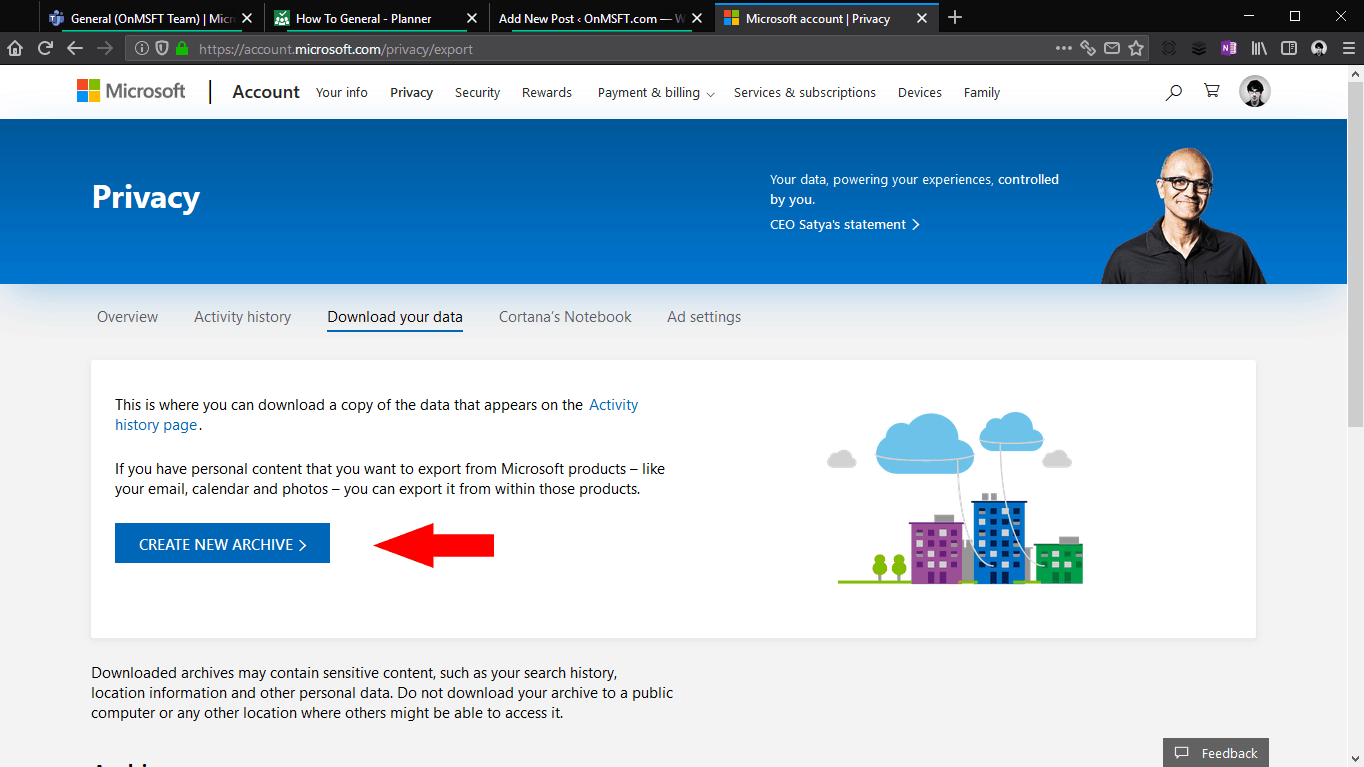 Kuvakaappaus Microsoftin tietojen latauksesta