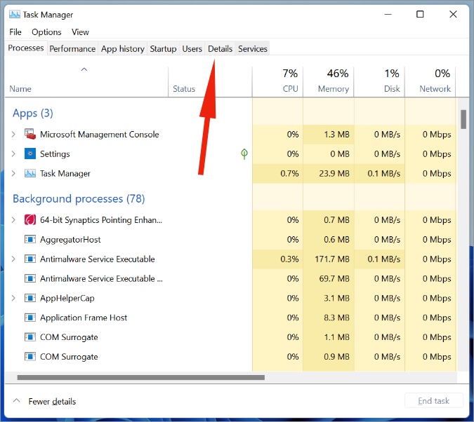 Fanen Detaljer i task manager