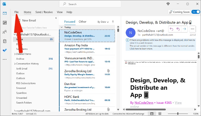 отворете список со датотеки со Outlook