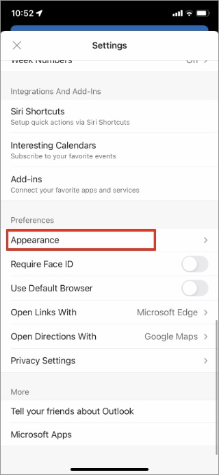 Udseende menu på outlook ios