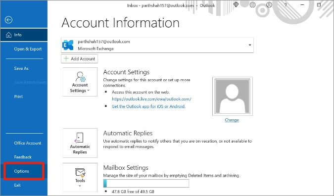كيفية تغيير Outlook إلى الوضع الداكن على سطح المكتب والجوال 5 فتح خيارات outlook