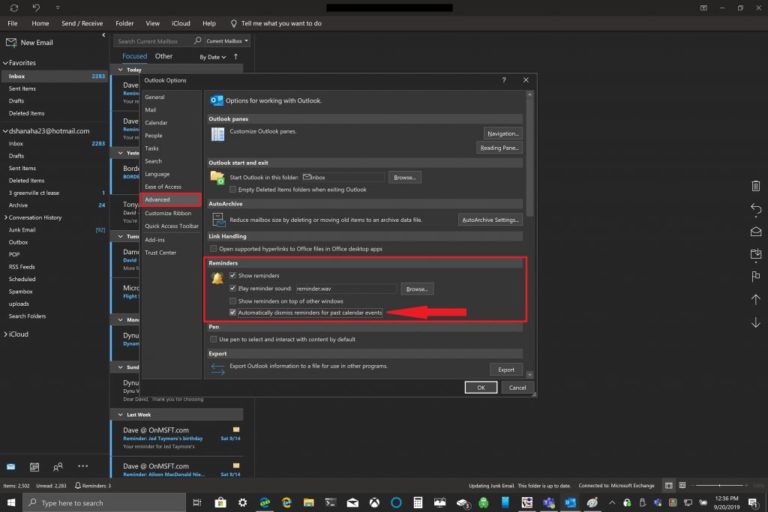 كيفية استبعاد تذكيرات Outlook السابقة في اوفيس 365 1