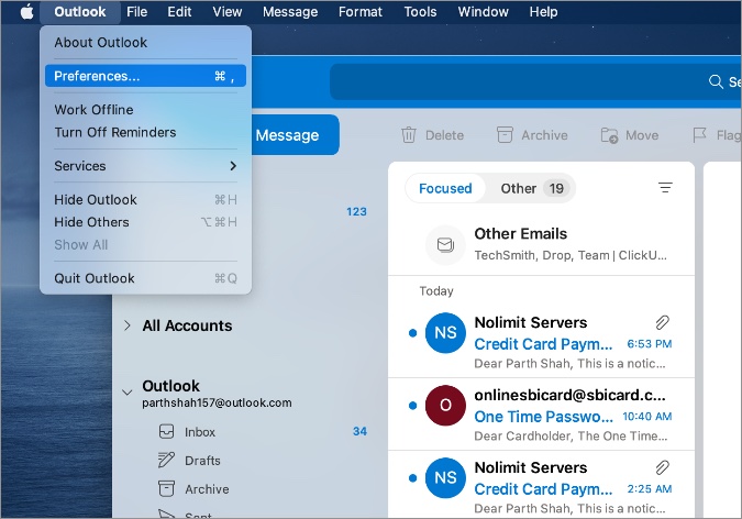 كيفية تغيير Outlook إلى الوضع الداكن على سطح المكتب والجوال 2 افتح قائمة تفضيلات النظرة
